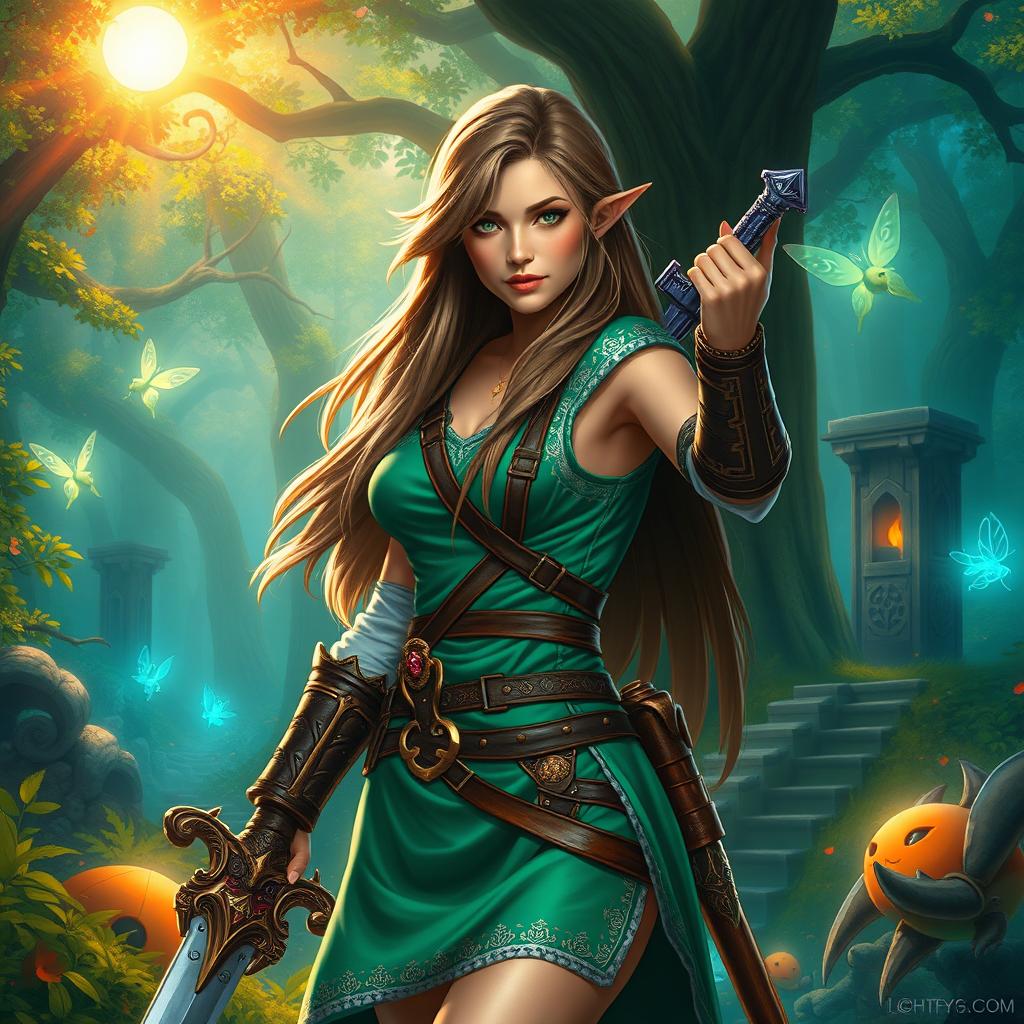 A captivating portrayal of a warrior inspired by the Zelda universe, dressed in a stylish, form-fitting version of the iconic green tunic with beautiful detailing