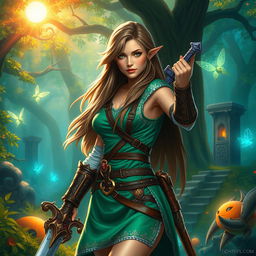 A captivating portrayal of a warrior inspired by the Zelda universe, dressed in a stylish, form-fitting version of the iconic green tunic with beautiful detailing