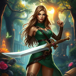 A captivating portrayal of a warrior inspired by the Zelda universe, dressed in a stylish, form-fitting version of the iconic green tunic with beautiful detailing