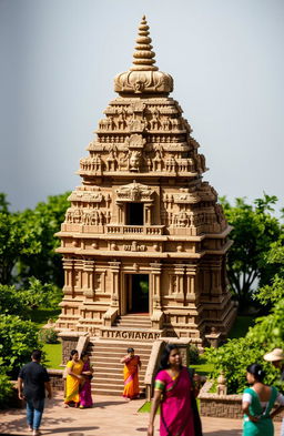 A highly detailed and intricate model of the Thanjavur Temple in India, showcasing the majestic architecture with a grand Vimana (tower) above the sanctum, beautifully carved stone sculptures, and vibrant colors