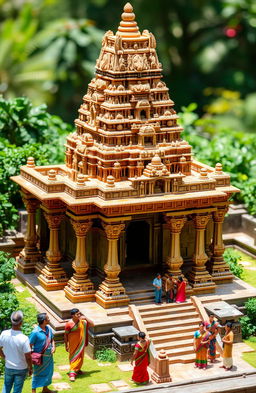 A highly detailed and intricate model of the Thanjavur Temple in India, showcasing the majestic architecture with a grand Vimana (tower) above the sanctum, beautifully carved stone sculptures, and vibrant colors