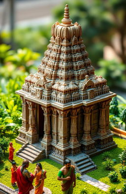 A highly detailed and intricate model of the Thanjavur Temple in India, showcasing the majestic architecture with a grand Vimana (tower) above the sanctum, beautifully carved stone sculptures, and vibrant colors