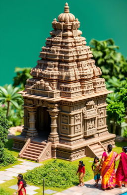 A highly detailed and intricate model of the Thanjavur Temple in India, showcasing the majestic architecture with a grand Vimana (tower) above the sanctum, beautifully carved stone sculptures, and vibrant colors