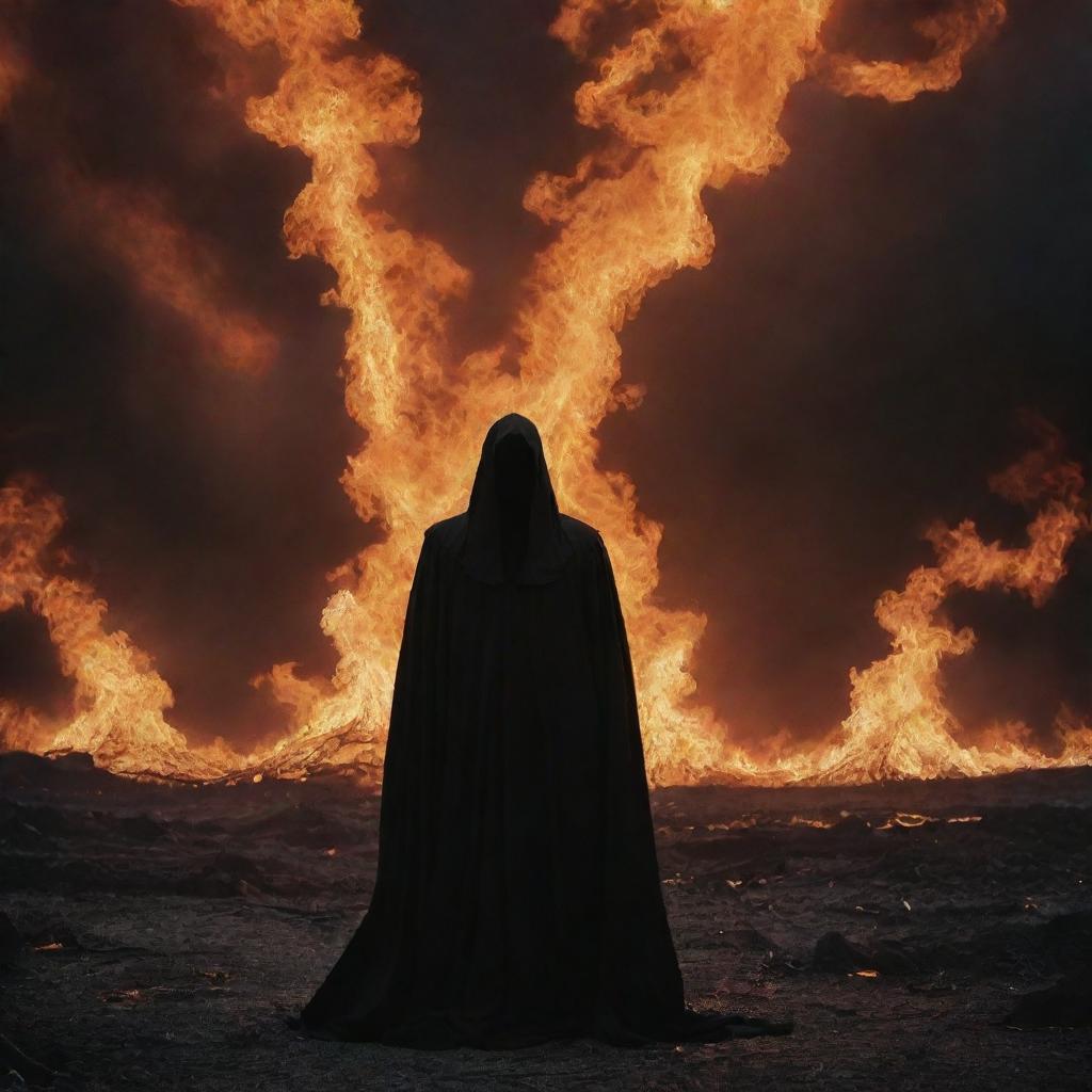 Add to the infernal landscape a figure symbolic of an evil person, shrouded in dark robes, his face obscured by shadow, standing amidst the flaming chaos with a palpable aura of dread