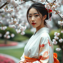 A striking portrait of an Asian model wearing traditional Japanese clothing, elegantly styled to highlight cultural elements, with a soft focus on her expression reflecting confidence and beauty