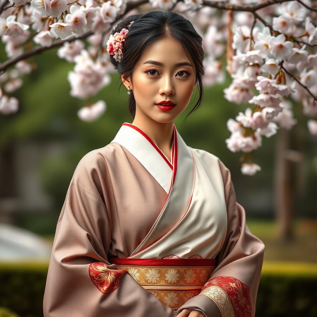 A striking portrait of an Asian model wearing traditional Japanese clothing, elegantly styled to highlight cultural elements, with a soft focus on her expression reflecting confidence and beauty