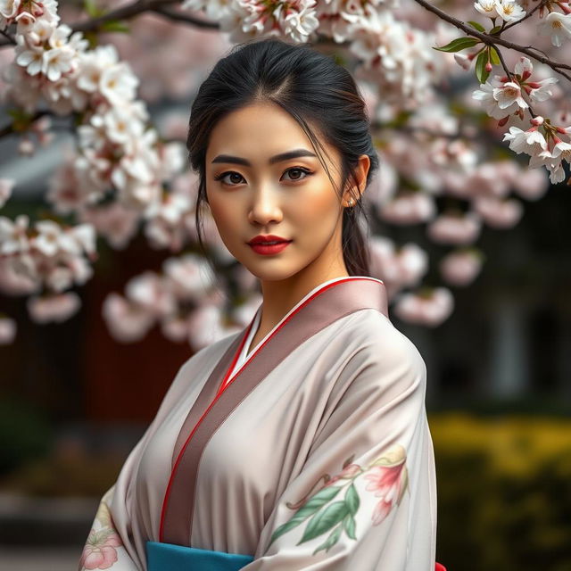 A striking portrait of an Asian model wearing traditional Japanese clothing, elegantly styled to highlight cultural elements, with a soft focus on her expression reflecting confidence and beauty