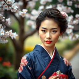 A striking portrait of an Asian model wearing traditional Japanese clothing, elegantly styled to highlight cultural elements, with a soft focus on her expression reflecting confidence and beauty