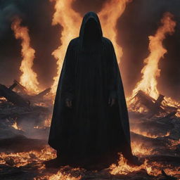 Add to the infernal landscape a figure symbolic of an evil person, shrouded in dark robes, his face obscured by shadow, standing amidst the flaming chaos with a palpable aura of dread