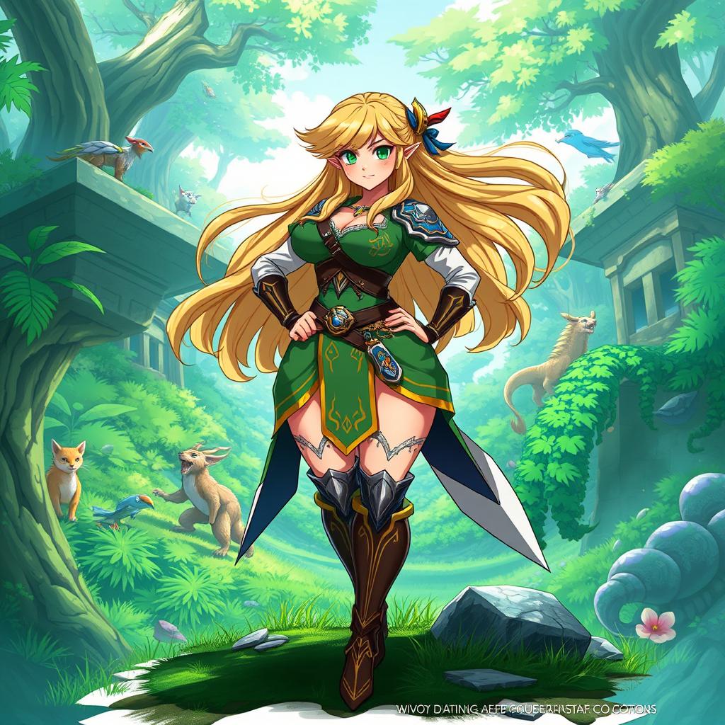 An anime-inspired character design influenced by the Zelda universe, featuring a powerful warrior with an impressive and voluptuous figure