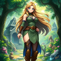 An anime-inspired character design influenced by the Zelda universe, featuring a powerful warrior with an impressive and voluptuous figure