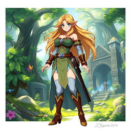 An anime-inspired character design influenced by the Zelda universe, featuring a powerful warrior with an impressive and voluptuous figure