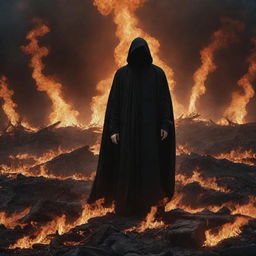 Add to the infernal landscape a figure symbolic of an evil person, shrouded in dark robes, his face obscured by shadow, standing amidst the flaming chaos with a palpable aura of dread