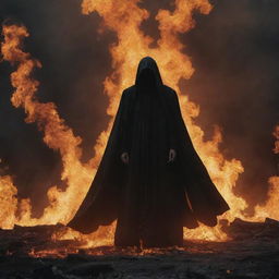 Add to the infernal landscape a figure symbolic of an evil person, shrouded in dark robes, his face obscured by shadow, standing amidst the flaming chaos with a palpable aura of dread