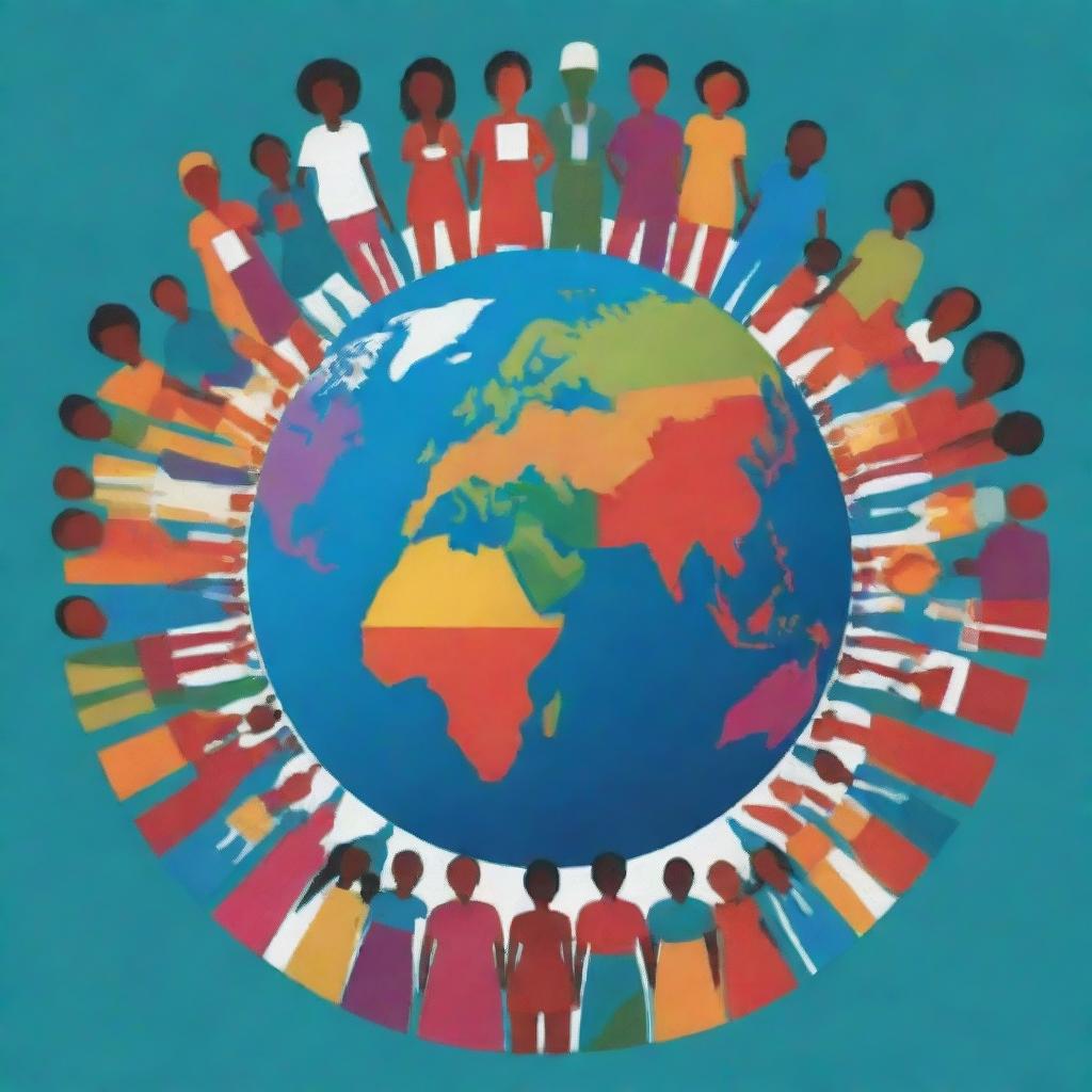 A vibrant and inspiring poster representing a global health initiative. The design should include diverse people, health symbols, and the globe.