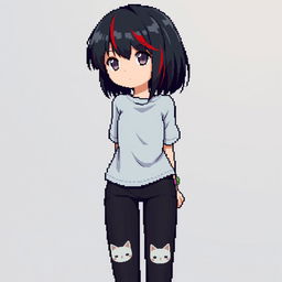 A stunning pixel art piece depicting a full-body view of an adult anime woman from a first-person perspective