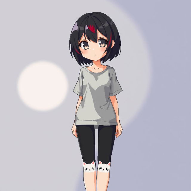 A stunning pixel art piece depicting a full-body view of an adult anime woman from a first-person perspective