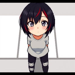 A stunning pixel art piece depicting a full-body view of an adult anime woman from a first-person perspective