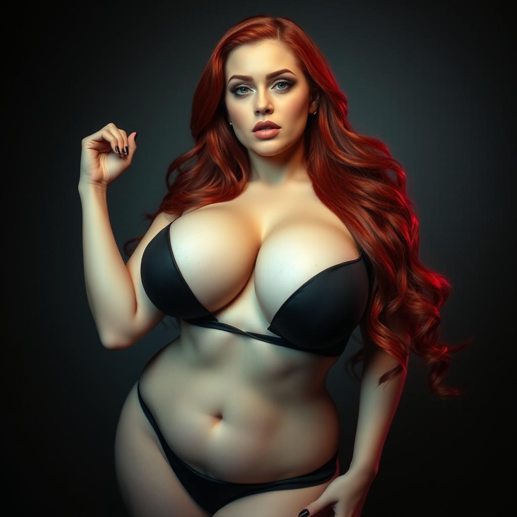 A voluptuous woman with disproportionately large breasts compared to her body, striking a suggestive pose