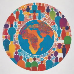 A vibrant and inspiring poster representing a global health initiative. The design should include diverse people, health symbols, and the globe.