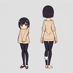 A charming pixel art illustration featuring a full-body view of an adult anime woman from a first-person perspective