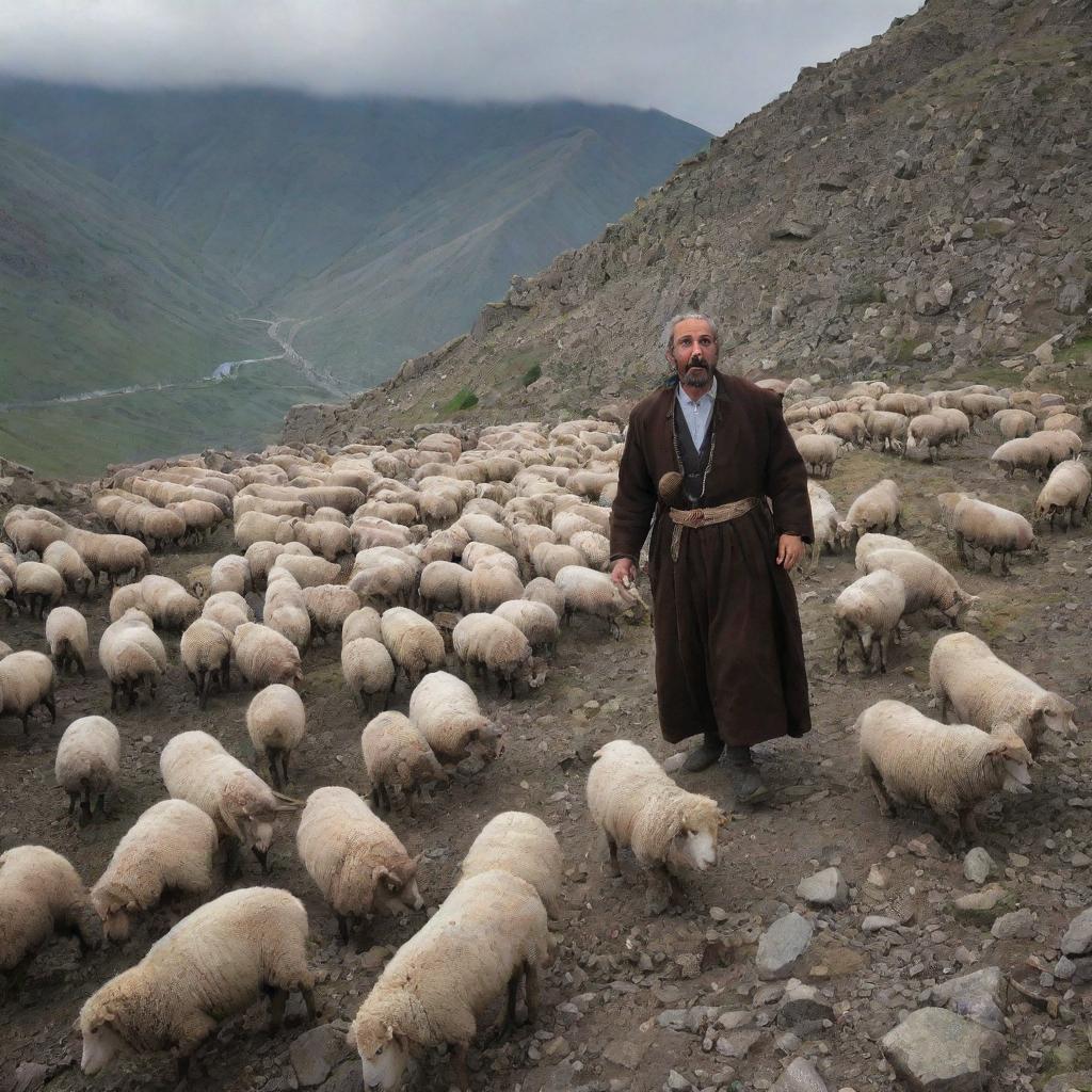 The scene takes a dramatic turn, the Armenian shepherd with traditional attire, visibly startled, dodges loose stones tumbling down the mountainside, defending his sheep from the sudden rockslide.