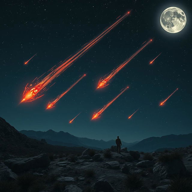 A stunning depiction of meteorites streaking across the night sky, with a bright full moon illuminating the landscape below