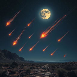 A stunning depiction of meteorites streaking across the night sky, with a bright full moon illuminating the landscape below