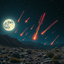 A stunning depiction of meteorites streaking across the night sky, with a bright full moon illuminating the landscape below