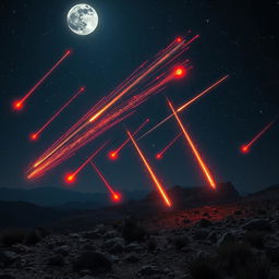 A stunning depiction of meteorites streaking across the night sky, with a bright full moon illuminating the landscape below