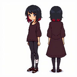 A delightful pixel art illustration depicting a full-body view of an adult woman from a first-person perspective