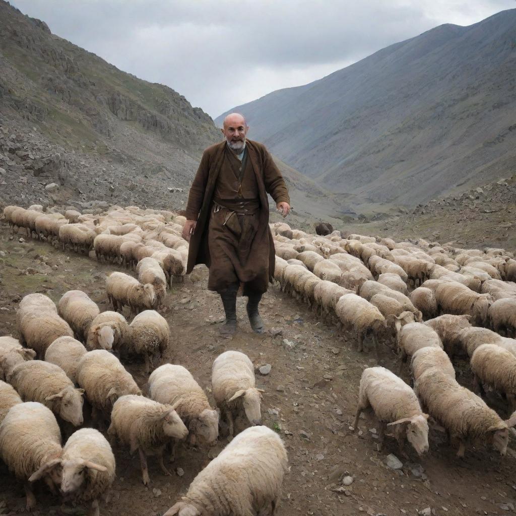 The scene takes a dramatic turn, the Armenian shepherd with traditional attire, visibly startled, dodges loose stones tumbling down the mountainside, defending his sheep from the sudden rockslide.