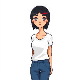 A pixel art illustration showcasing an adult woman from a first-person perspective