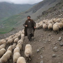 The scene takes a dramatic turn, the Armenian shepherd with traditional attire, visibly startled, dodges loose stones tumbling down the mountainside, defending his sheep from the sudden rockslide.