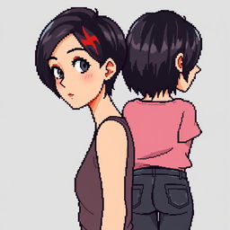 A pixel art illustration featuring an adult woman in a full-body view from a first-person perspective