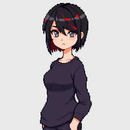 A pixel art creation featuring an adult woman represented in a full-body view from a first-person perspective