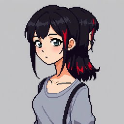 A pixel art creation featuring an adult woman represented in a full-body view from a first-person perspective