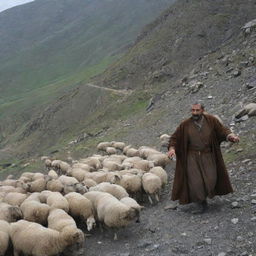 The scene takes a dramatic turn, the Armenian shepherd with traditional attire, visibly startled, dodges loose stones tumbling down the mountainside, defending his sheep from the sudden rockslide.