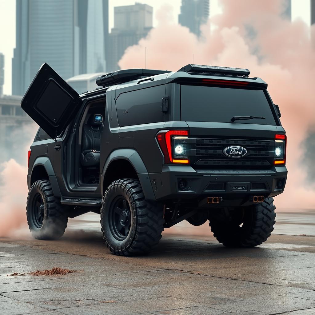 A futuristic armored Ford Expedition Tremor, designed for extreme resilience and advanced protection