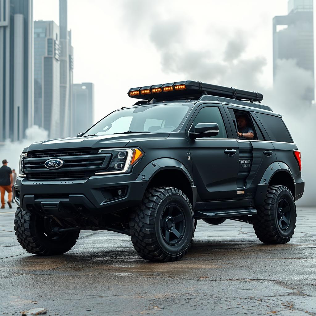 A futuristic armored Ford Expedition Tremor, designed for extreme resilience and advanced protection