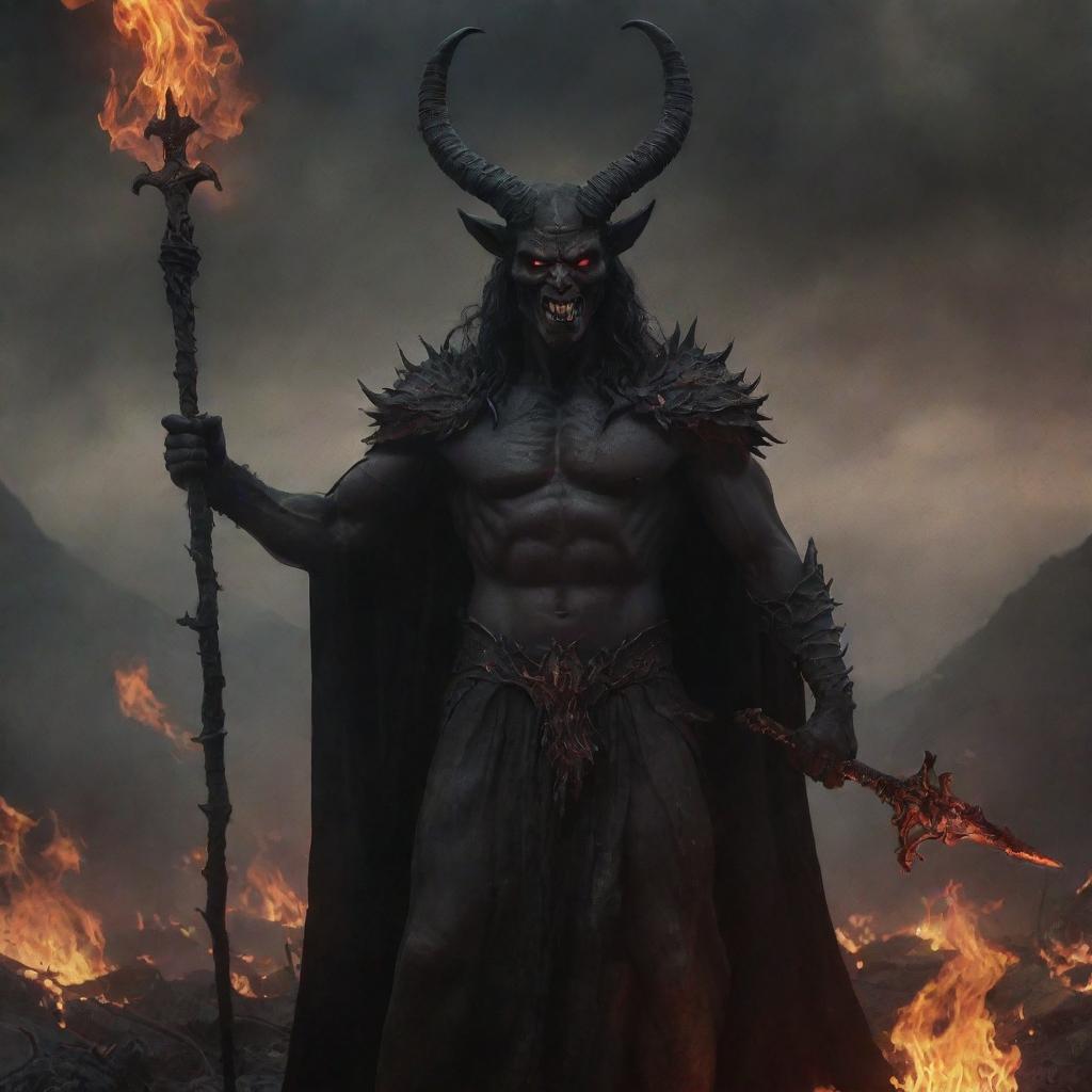 A traditional depiction of Satan as a dark, imposing figure with red eyes, sinister smile, and horns. He's holding a trident, surrounded by flames, embodying the archetype of evil and temptation in a hellish landscape.