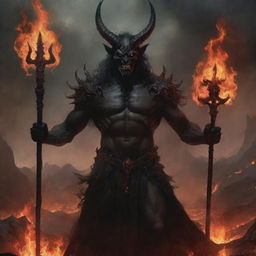 A traditional depiction of Satan as a dark, imposing figure with red eyes, sinister smile, and horns. He's holding a trident, surrounded by flames, embodying the archetype of evil and temptation in a hellish landscape.