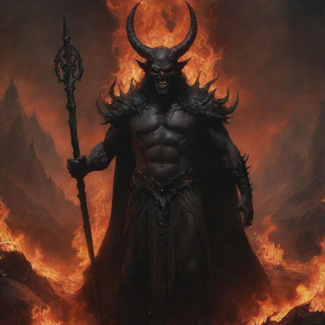 A traditional depiction of Satan as a dark, imposing figure with red eyes, sinister smile, and horns. He's holding a trident, surrounded by flames, embodying the archetype of evil and temptation in a hellish landscape.