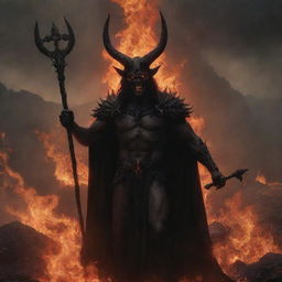 A traditional depiction of Satan as a dark, imposing figure with red eyes, sinister smile, and horns. He's holding a trident, surrounded by flames, embodying the archetype of evil and temptation in a hellish landscape.