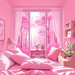 A first-person view pixel art scene depicting a beautiful room infused with light pink colors, seamlessly blended with a stunning pink forest