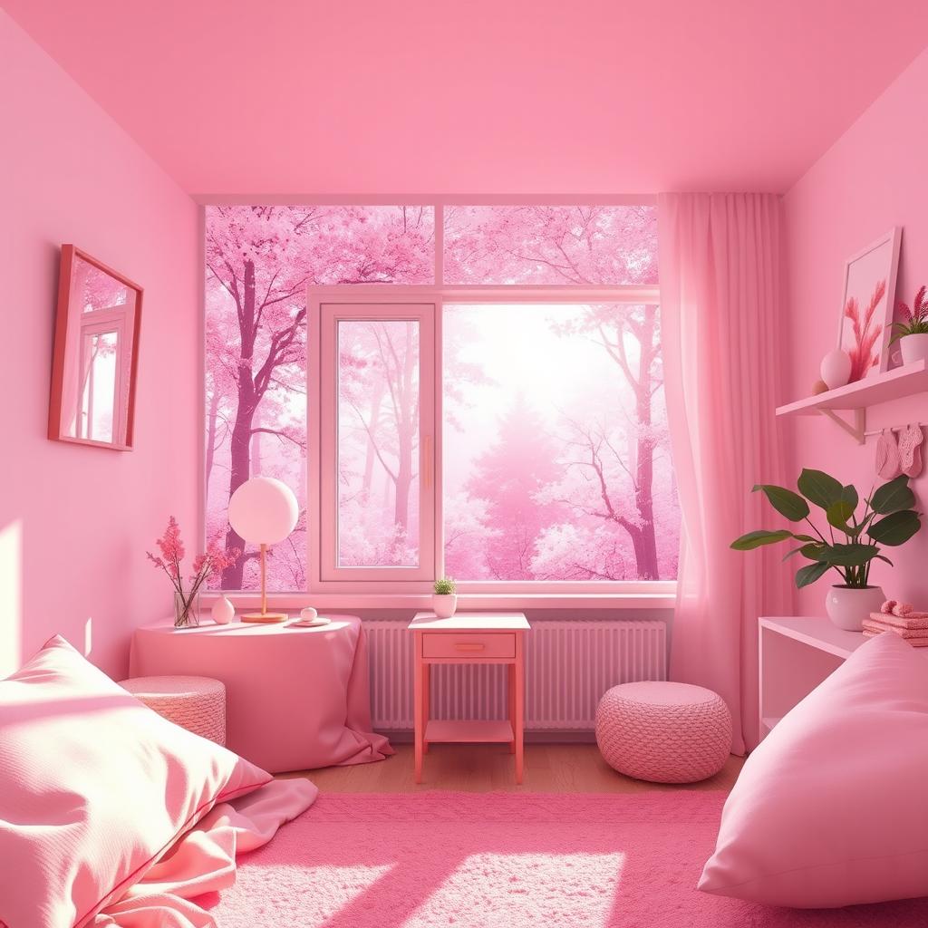 A first-person view pixel art scene depicting a beautiful room infused with light pink colors, seamlessly blended with a stunning pink forest