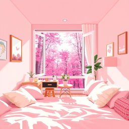 A first-person view pixel art scene depicting a beautiful room infused with light pink colors, seamlessly blended with a stunning pink forest