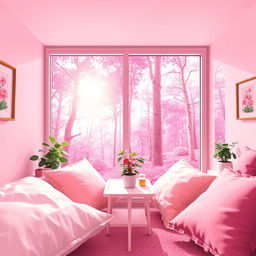 A first-person view pixel art scene depicting a beautiful room infused with light pink colors, seamlessly blended with a stunning pink forest