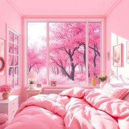 A first-person view pixel art scene showcasing a beautiful room in light pink tones intricately blended with a charming pink forest