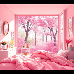 A first-person view pixel art scene showcasing a beautiful room in light pink tones intricately blended with a charming pink forest